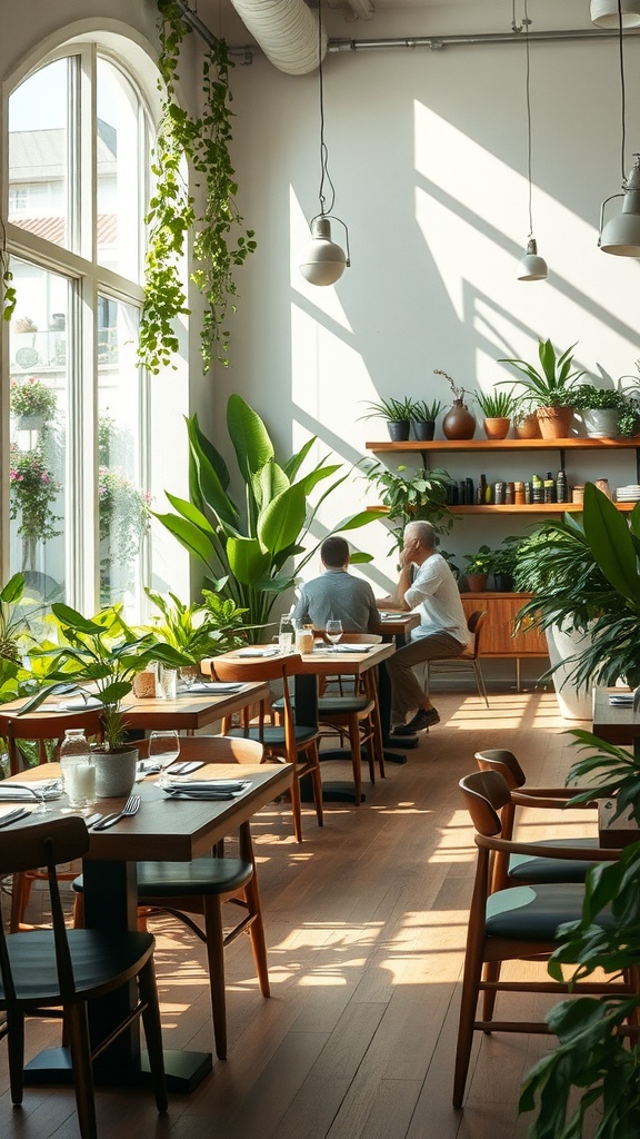 A modern dining room filled with plants and natural light, showcasing eco-friendly design elements.