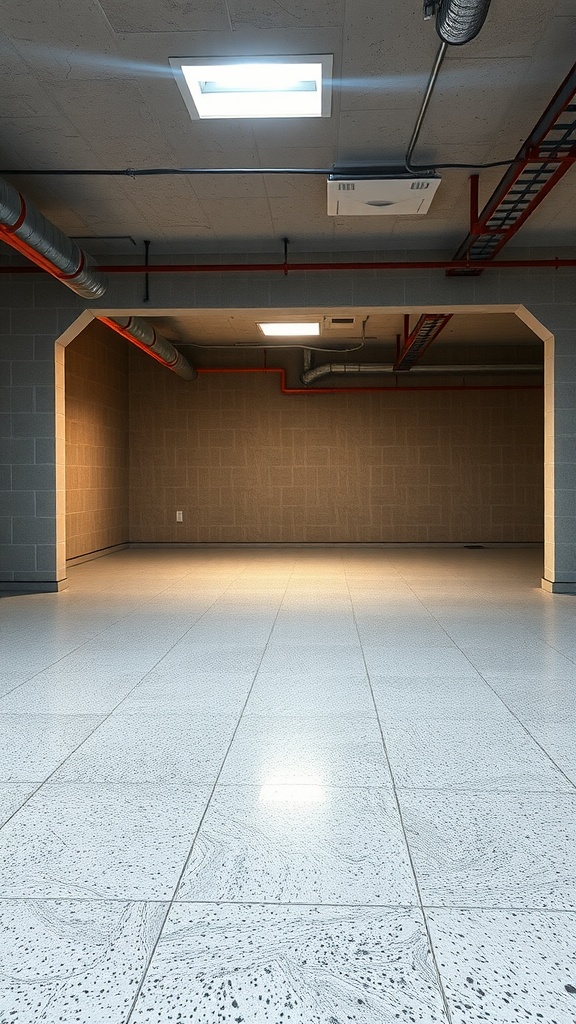 Empty basement with eco-friendly epoxy flooring and bright lighting.