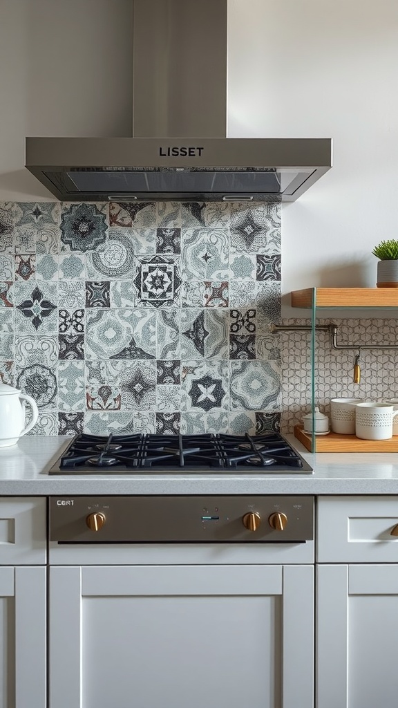 A kitchen with a beautiful patterned tile backsplash, modern stove, and wooden shelves.