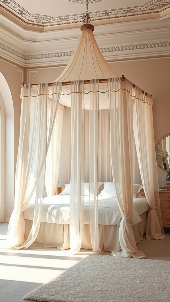 A serene canopy bed with sheer fabric drapes in a spacious bedroom, showcasing elegance and comfort.
