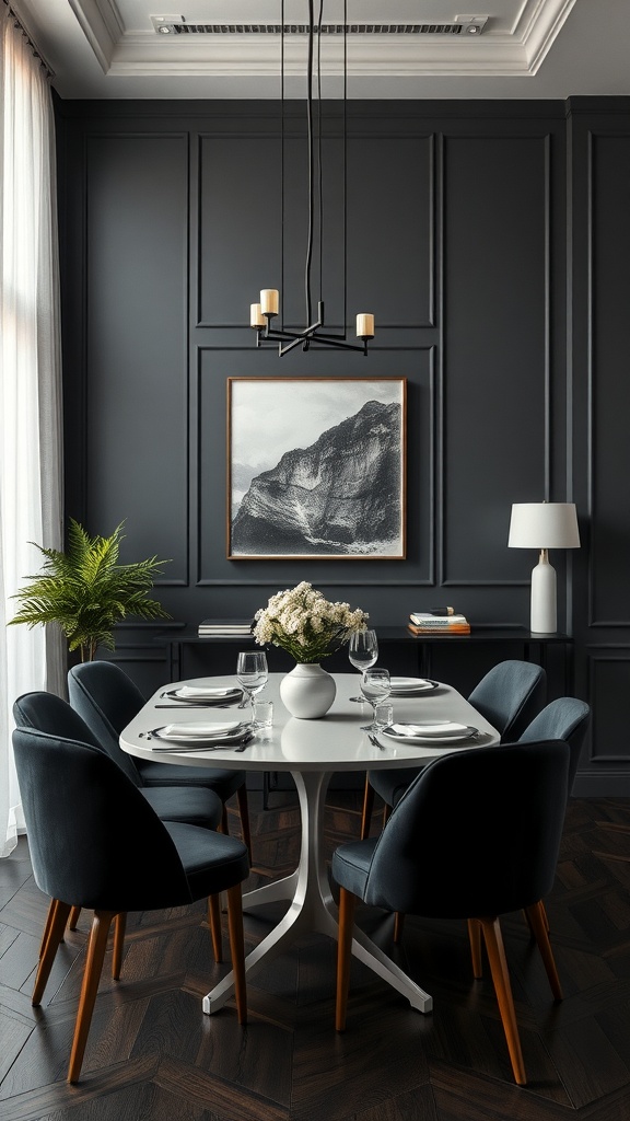 Elegant dining room with charcoal walls, a white table, dark chairs, and a decorative plant.