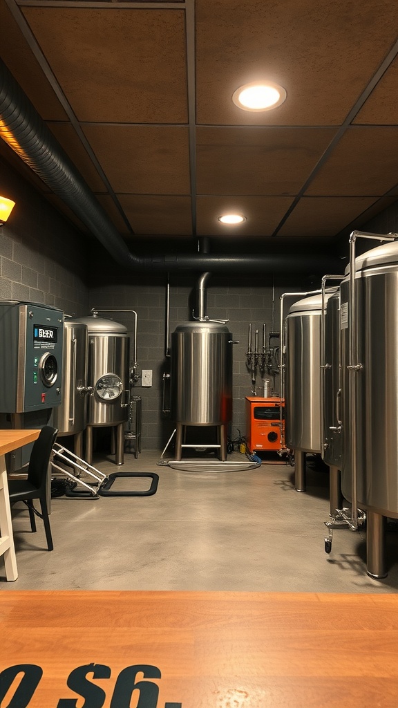 A sleek basement brewing station with stainless steel tanks and organized equipment.