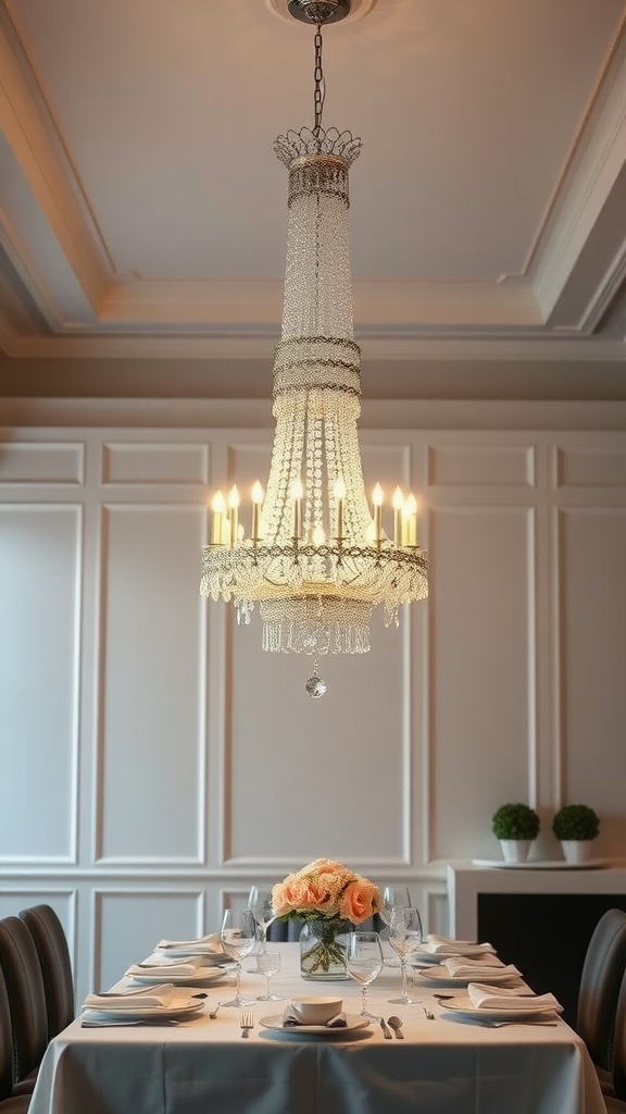A stylish dining room featuring an elegant crystal chandelier hanging above a beautifully set table with flowers.