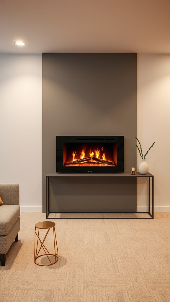 An elegant electric fireplace mounted on a gray wall in a modern basement setting, featuring a minimalist console table and a cozy atmosphere.