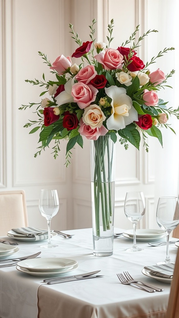 An elegant floral arrangement featuring red, pink, and white roses in a tall vase on a dining table.