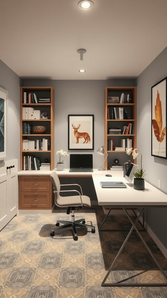 Elegant home office in a basement with a desk, shelving, and decorative items.