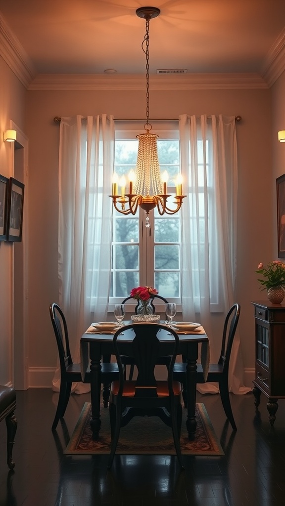 Cozy small dining room with a chandelier and simple table setting