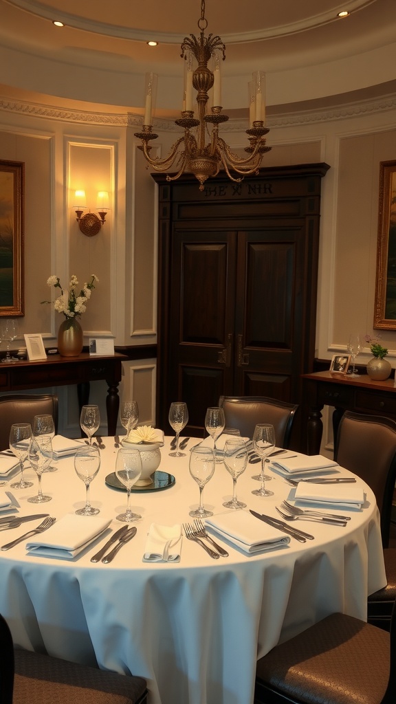 An elegant round dining table set for an intimate gathering, featuring a white tablecloth and polished glassware, surrounded by a warmly lit room.