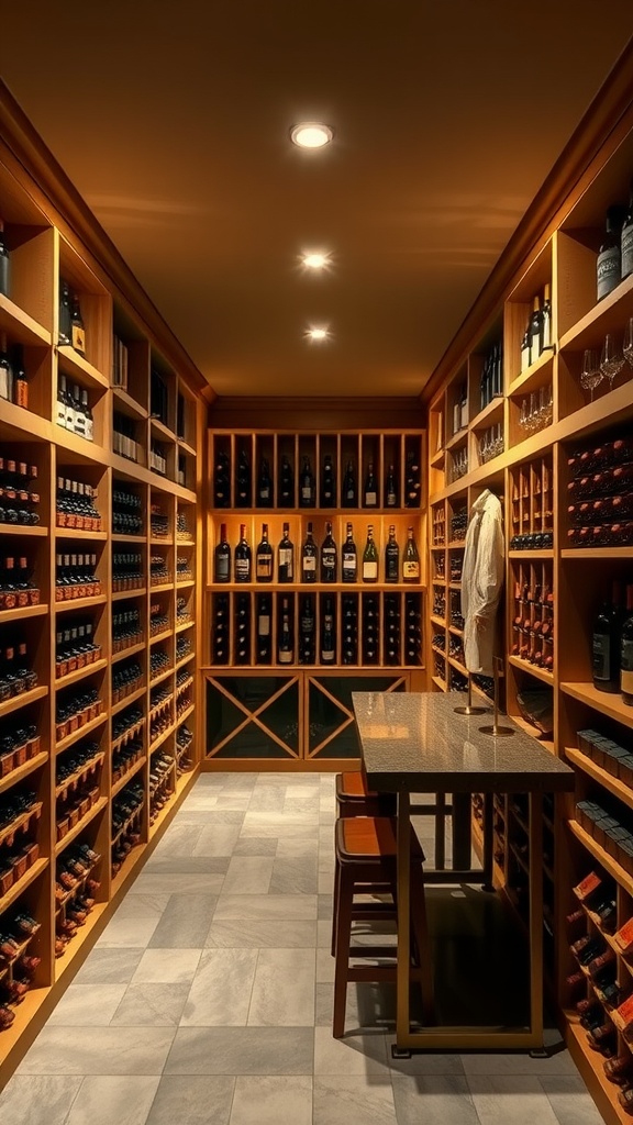 Elegant wine cellar with wooden shelves, wine bottles, and a tasting area.