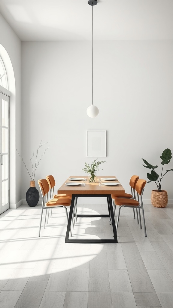 Minimalist dining room featuring a wooden table, modern chairs, and natural light