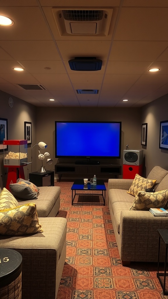 Cozy basement entertainment center with sofas, a large screen, and popcorn machine