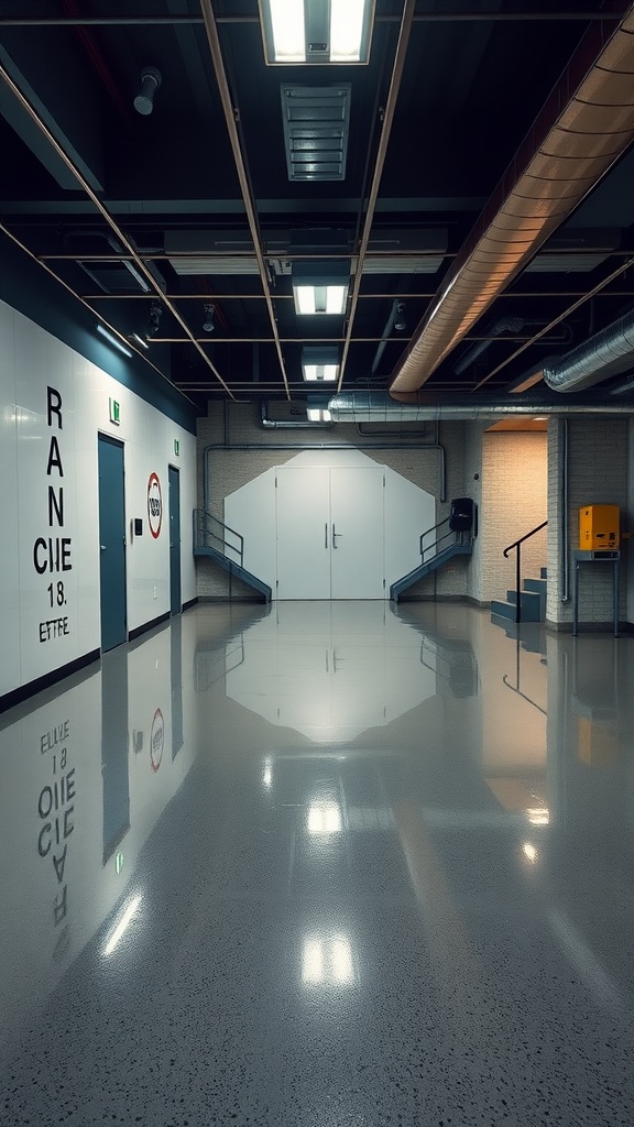 A clean, shiny epoxy coated floor in a modern basement setting.