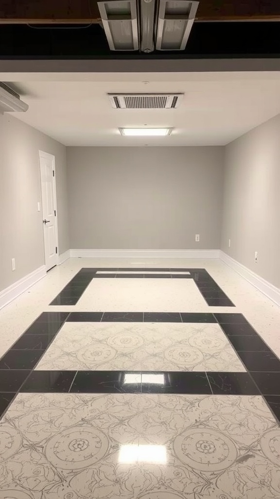 A basement with a geometric patterned epoxy floor featuring black and white elements.