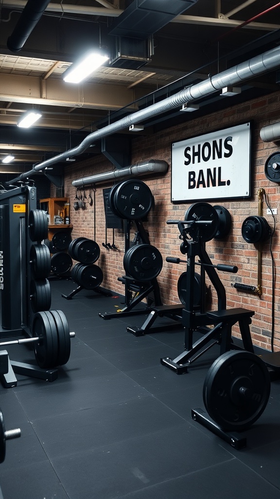 Industrial-style exercise area in a basement with weights and equipment.