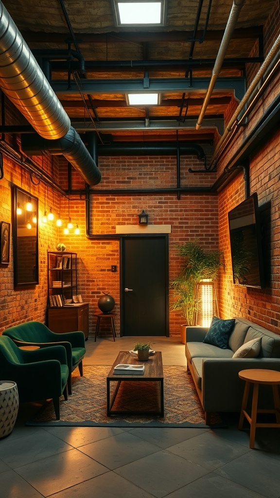 A stylish basement with exposed brick walls, modern furniture, and warm lighting.