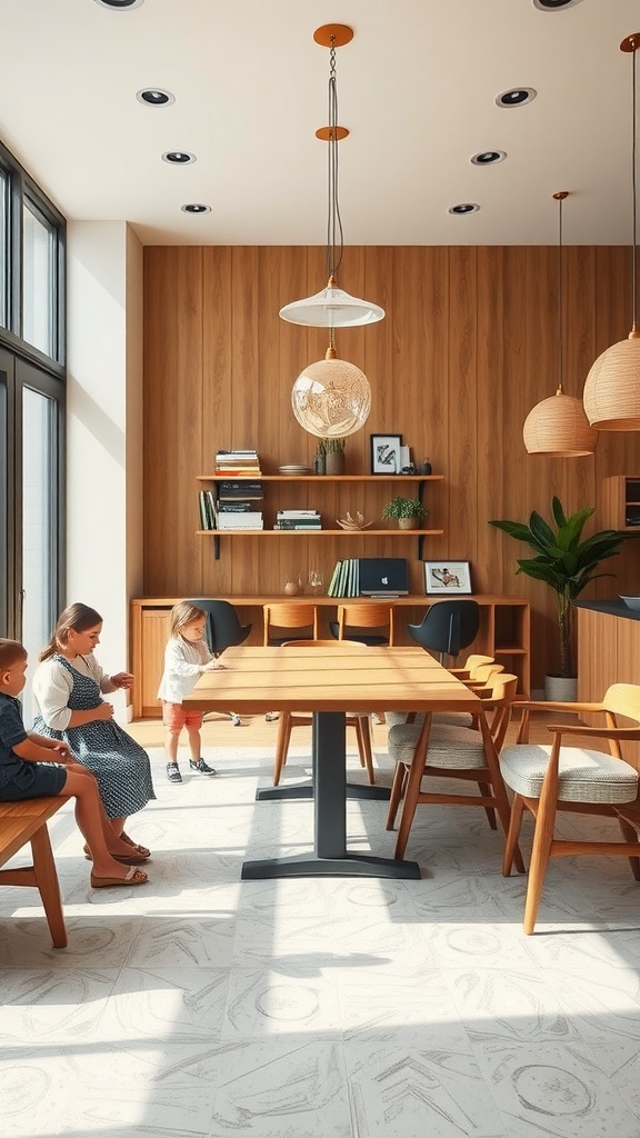 Bright family dining room with wooden table, mixed chairs, and large windows