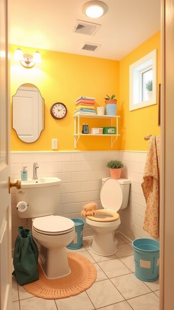 A bright and family-friendly basement bathroom with yellow walls, a plush rug, and colorful storage.