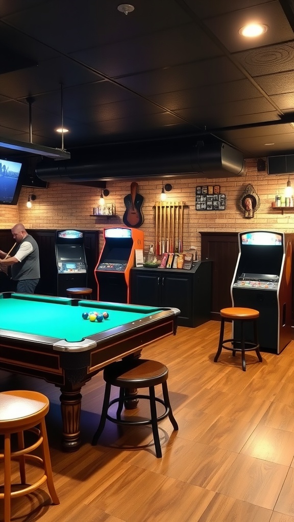 A cozy family-friendly game room bar with a pool table and vintage arcade machines.