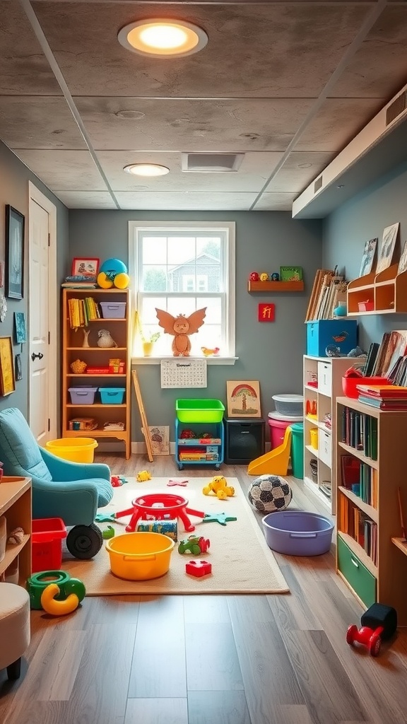 Cozy family playroom with toys, bookshelves, and a window.