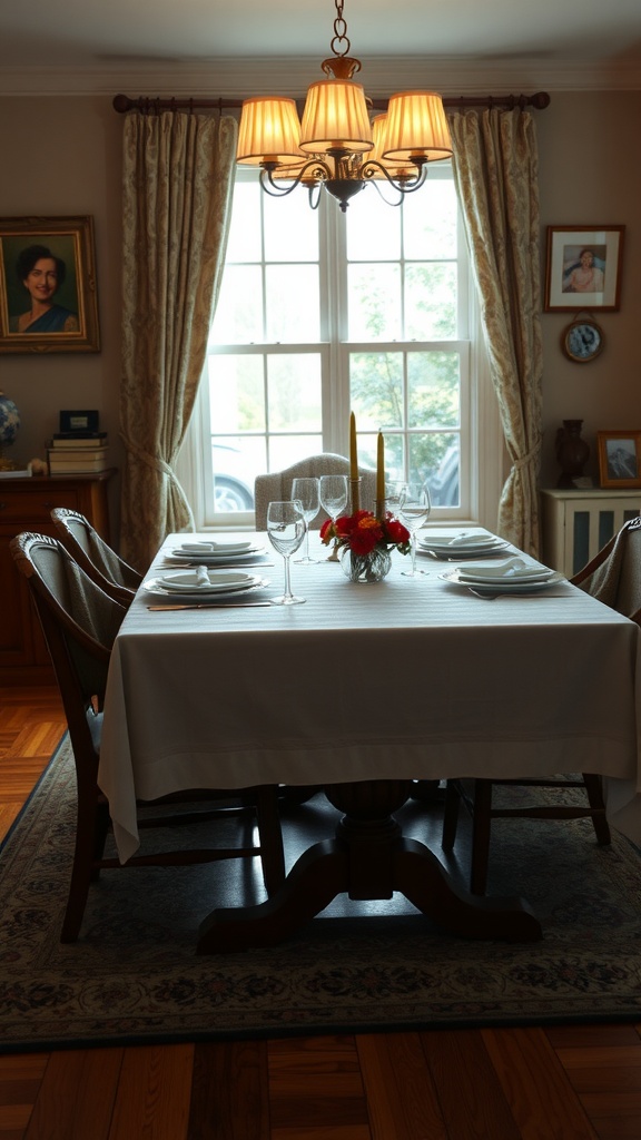 A dining room table set with a white tablecloth and elegant decor, surrounded by wooden chairs.
