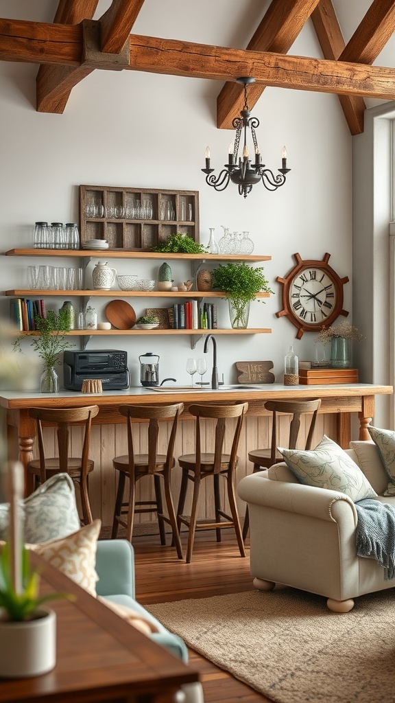 A cozy farmhouse-style bar setup in a living room featuring wooden shelves, glassware, plants, and bar stools.