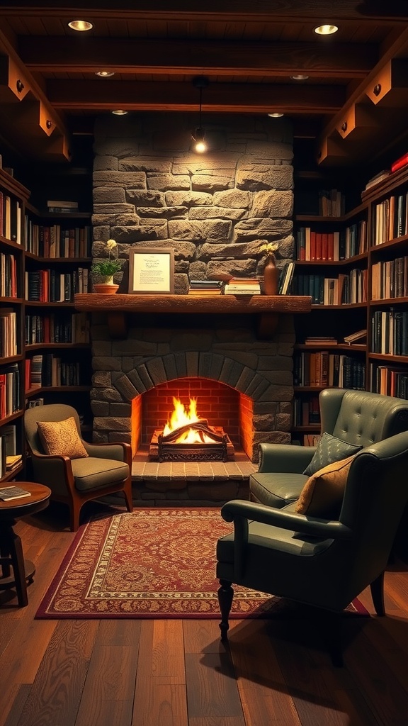Cozy reading nook with a stone fireplace and shelves of books.