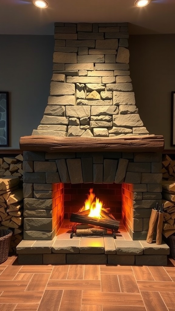 A cozy stone fireplace in a basement with a warm fire and stacked firewood.