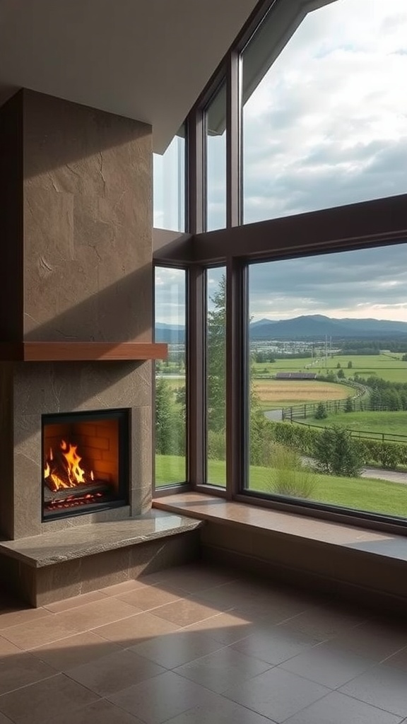 A modern fireplace in a basement with large windows offering a scenic view of the landscape.