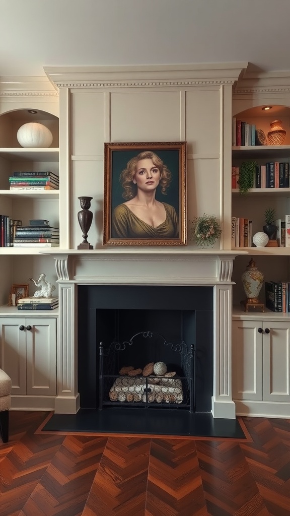 Fireplace with built-in shelving featuring books and decorative items, with a portrait above the mantle
