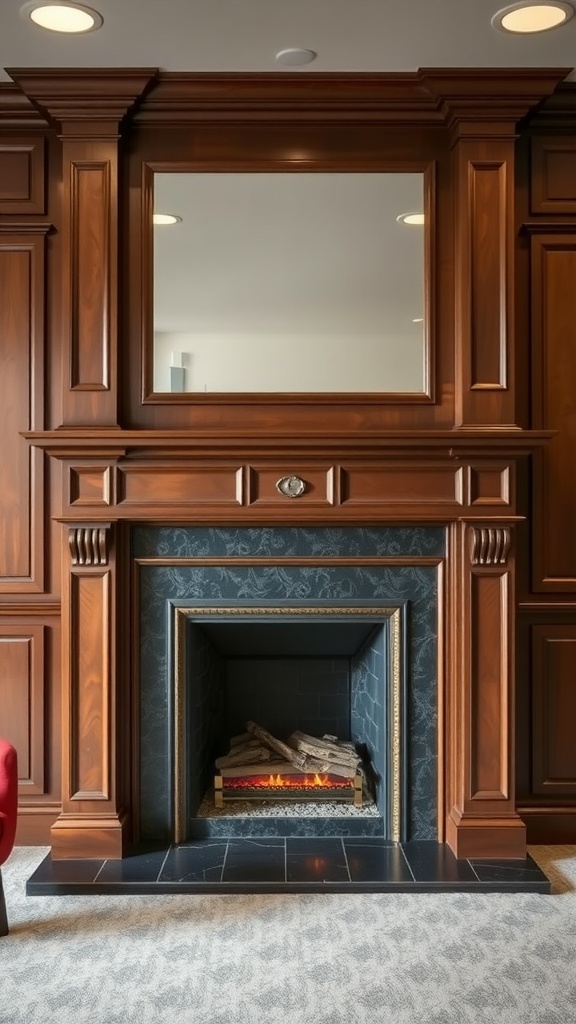 A beautifully designed basement fireplace with custom woodwork, featuring a rich wooden mantle and decorative mirror.