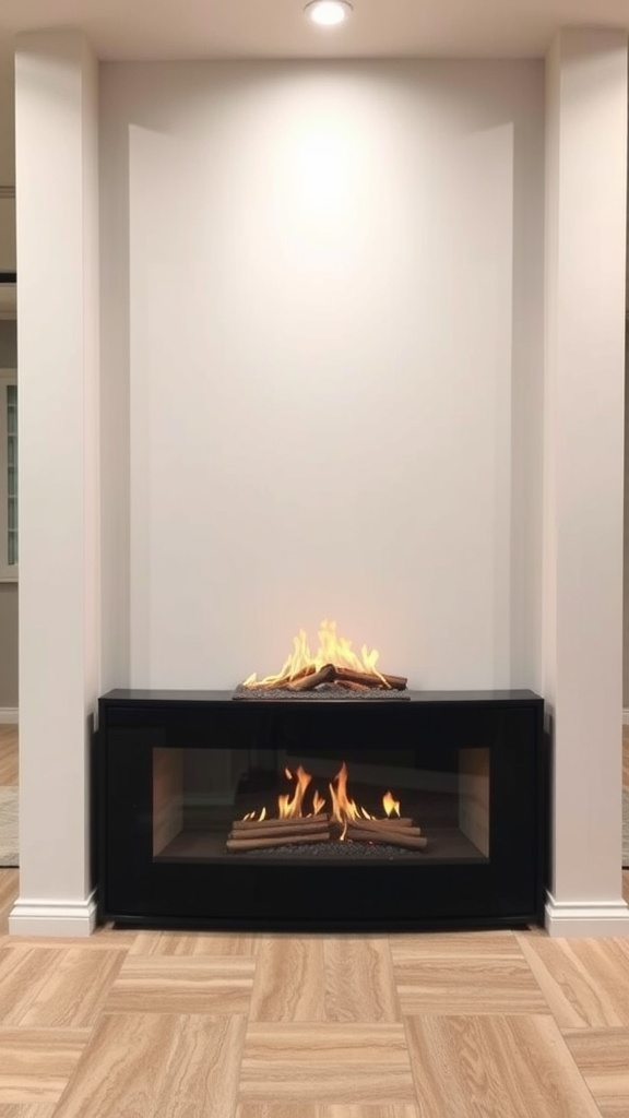 Modern fireplace with glass front in a basement setting