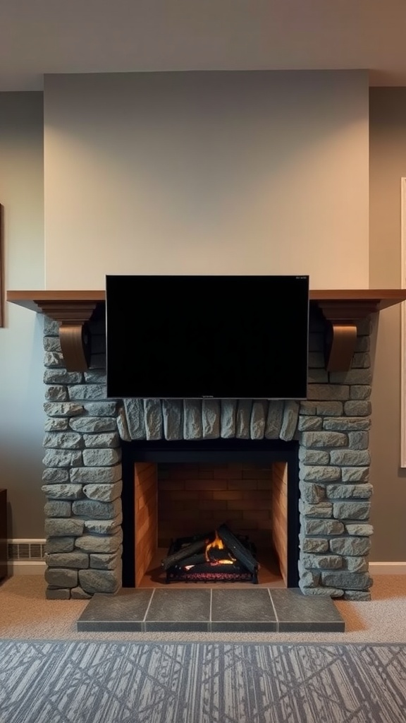 A fireplace featuring a hidden TV above, with stonework and a cozy ambiance.