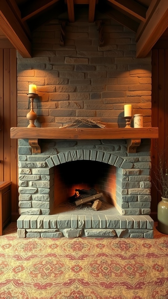 A rustic basement fireplace featuring stone and wooden beams, with candles on the mantle creating a cozy atmosphere.