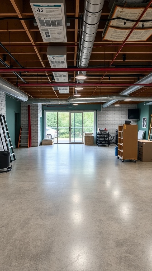 A spacious basement featuring a modern floating floor system with large windows and open layout.