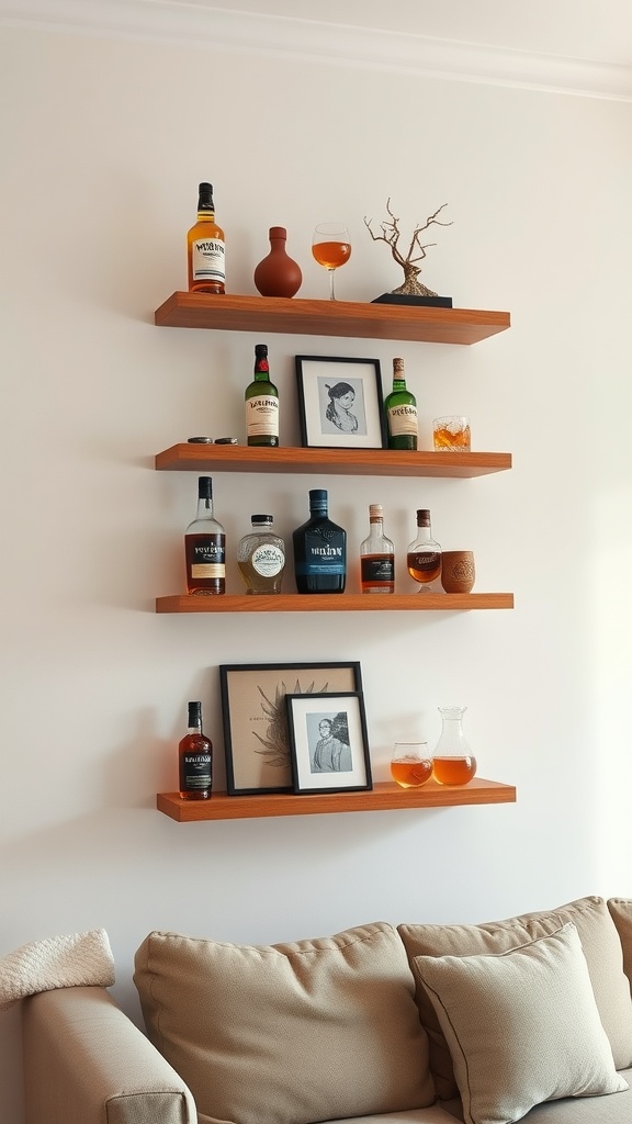 Beautifully arranged floating shelves displaying various bottles and decorative items in a cozy living room.