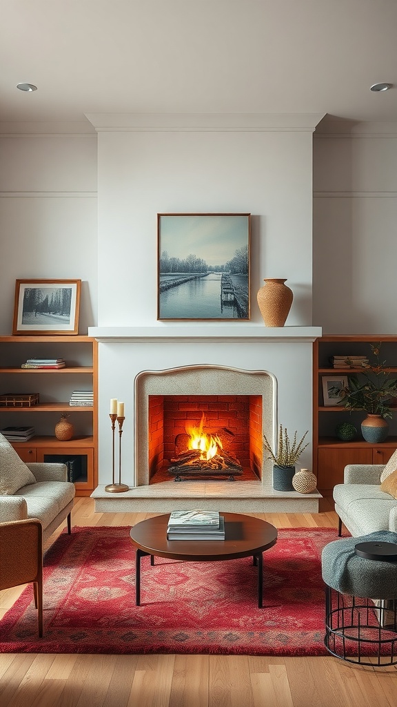 A modern boho living room showcasing a warm fireplace, light-colored sofas, wooden shelves, and a decorative rug.