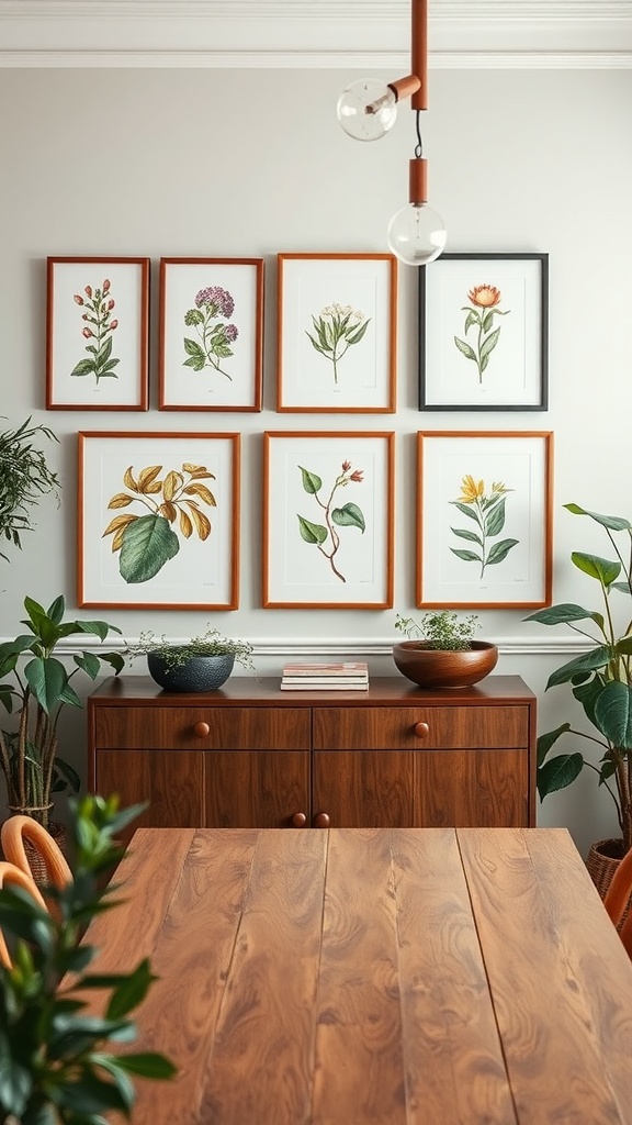 A dining room wall decorated with framed botanical prints, showcasing various plants and flowers, alongside a wooden table and plants.