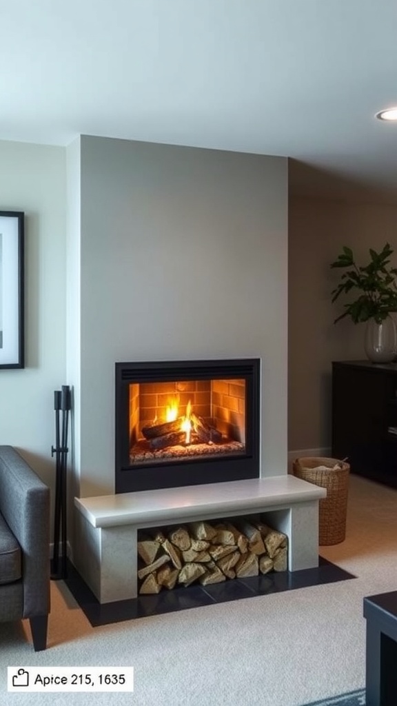A modern freestanding fireplace in a stylish basement setting.