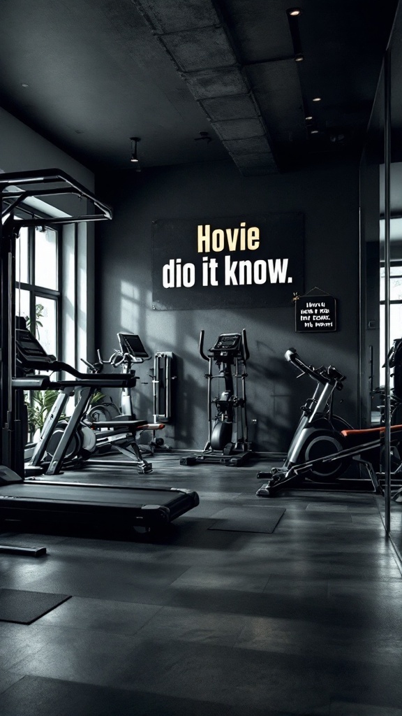 A modern home gym in a basement featuring various exercise equipment and motivational wall art.