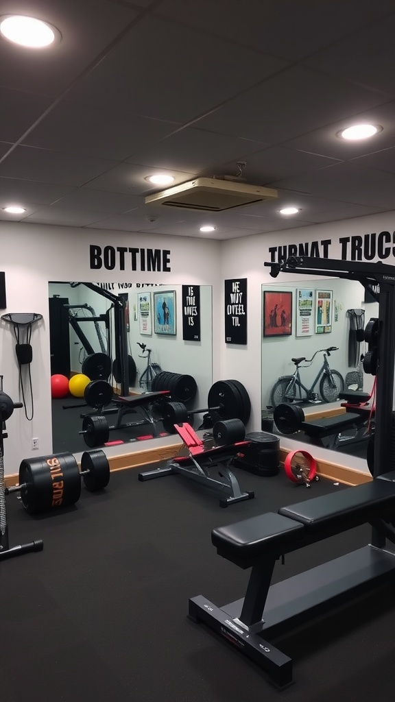 A home gym setup in a basement featuring weights, a bench, and exercise equipment.
