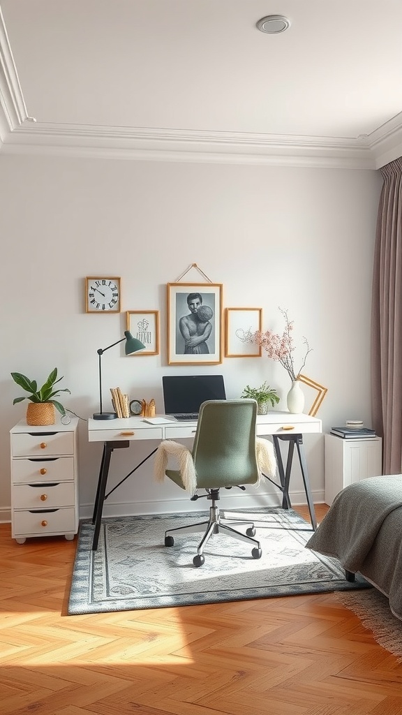 A cozy home office corner in a bedroom featuring a modern desk with a green chair, decorative plants, and framed artworks.