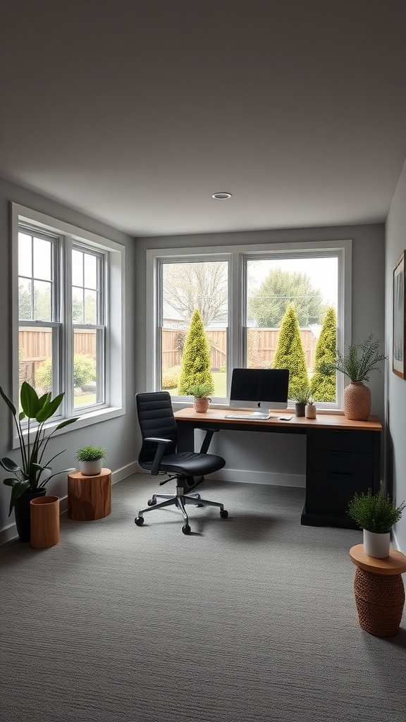 Bright walkout basement home office with large windows, a wooden desk, and a black chair.
