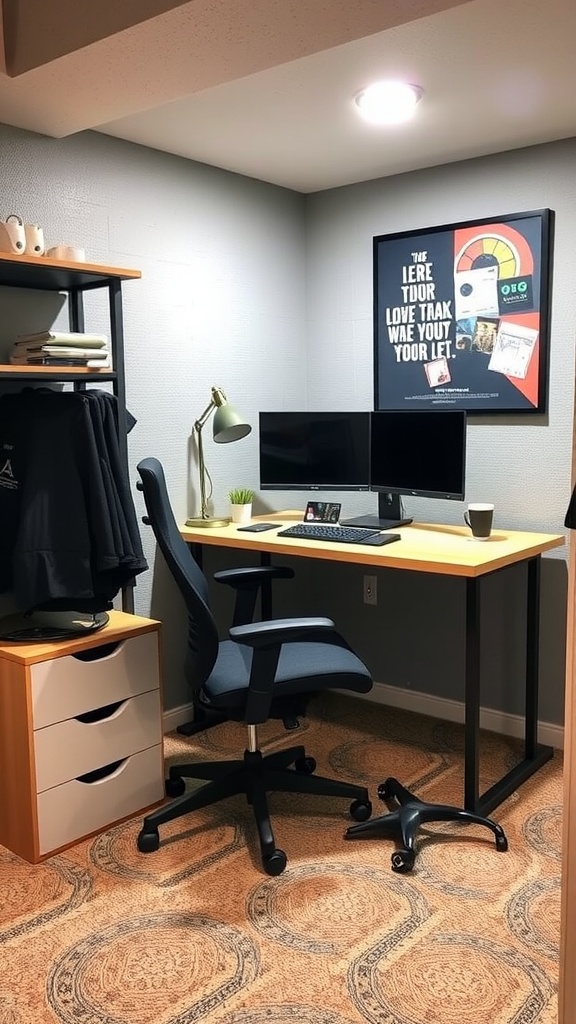 A small functional home office space in a basement with a desk, two monitors, and a plant.