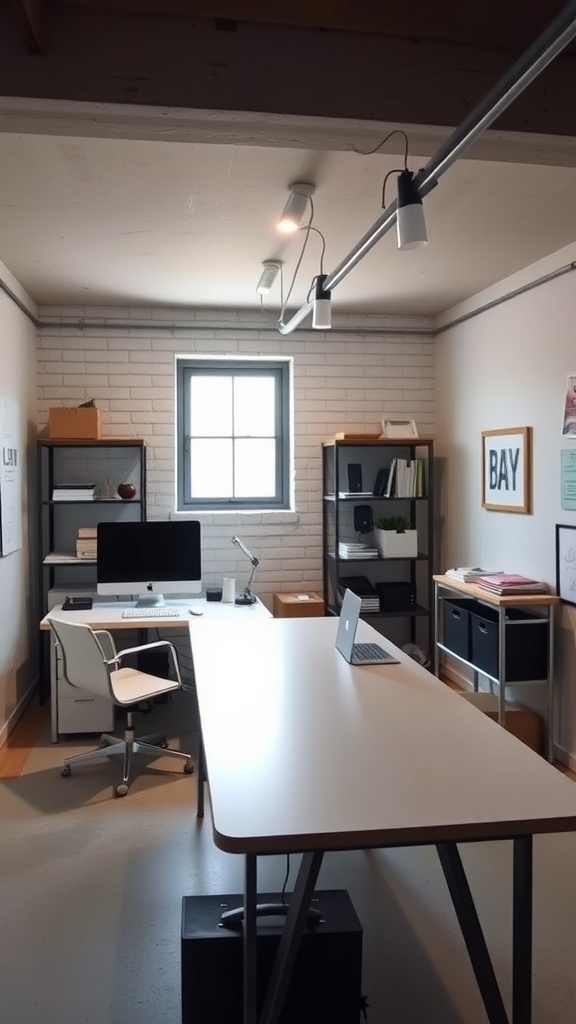 A spacious and functional home office in an industrial basement with a large desk, computer, and shelving.