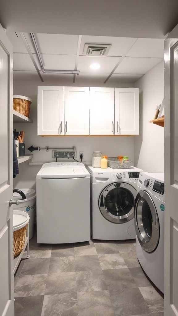 A well-organized basement laundry room with washer, dryer, and storage