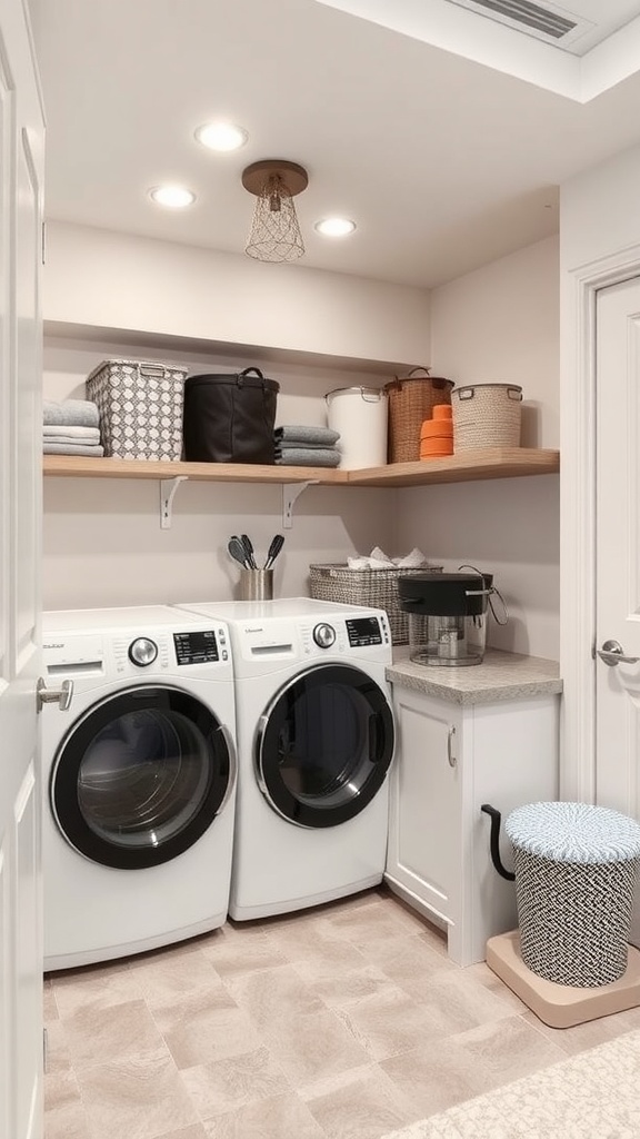 A functional laundry room in a walkout basement featuring modern appliances and organized storage.