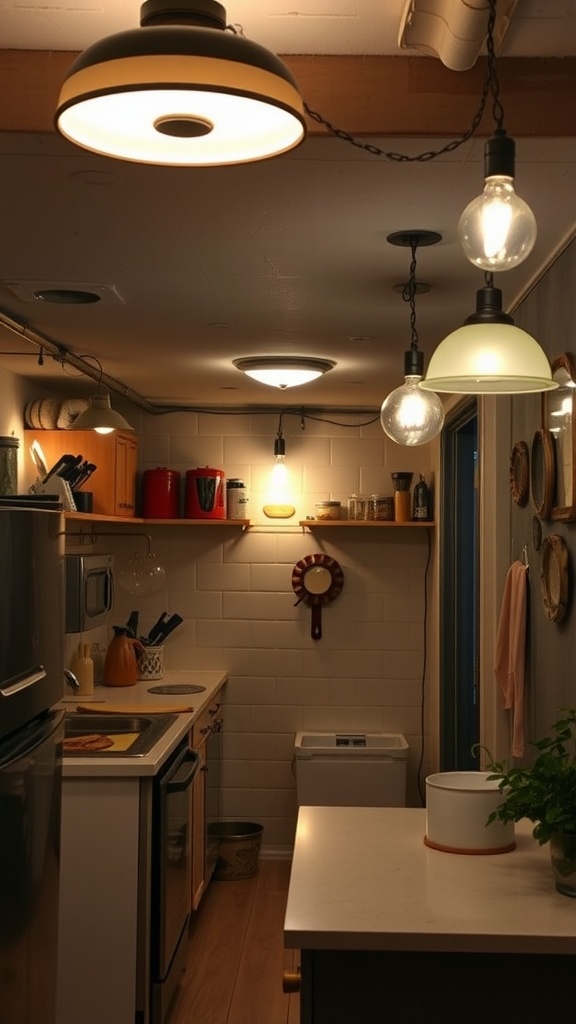 A cozy basement kitchenette with various lighting fixtures.