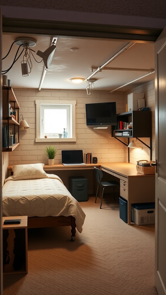 A cozy basement bedroom with a bed, workspace, and natural lighting.