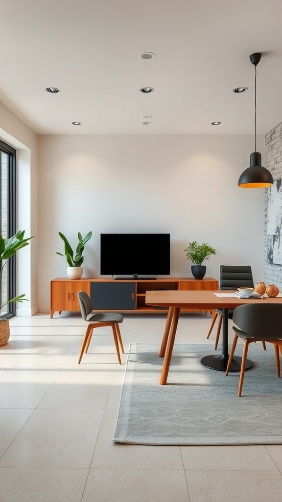 Modern dining room featuring a dining table, chairs, and plants in a bright space.