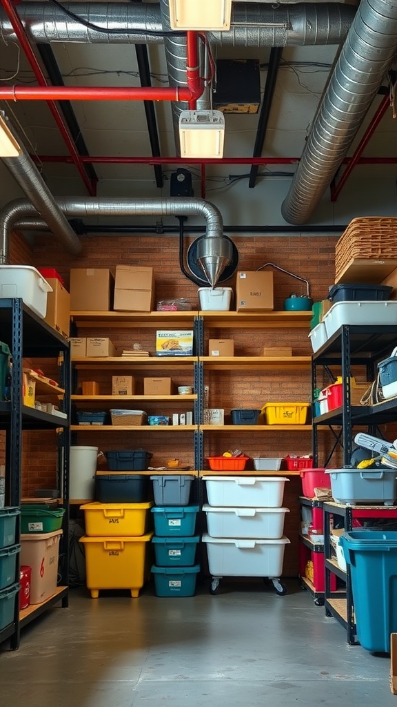 A well-organized industrial basement storage area with shelving units and colorful bins.